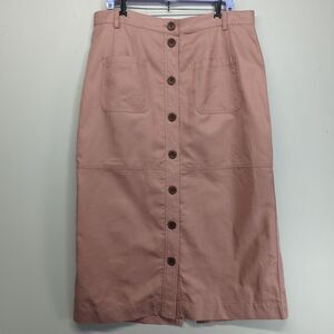J Peterman Company Linen Blend Button Down Skirt Pink Sheen Split Back 16